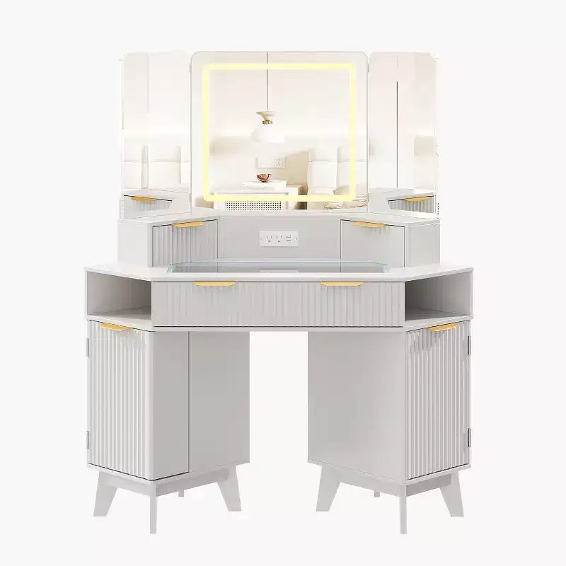 Meuble-lavabo d'angle de 48 po, Coiffeuse à cannelures avec plateau en verre, pour chambre à coucher