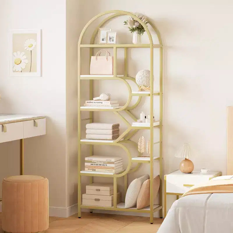 Étagère arquée à 6 niveaux, bibliothèque de 208 cm de haut avec cadre en métal, étagère de rangement ouverte pour chambre à coucher, salon, bureau à domicile