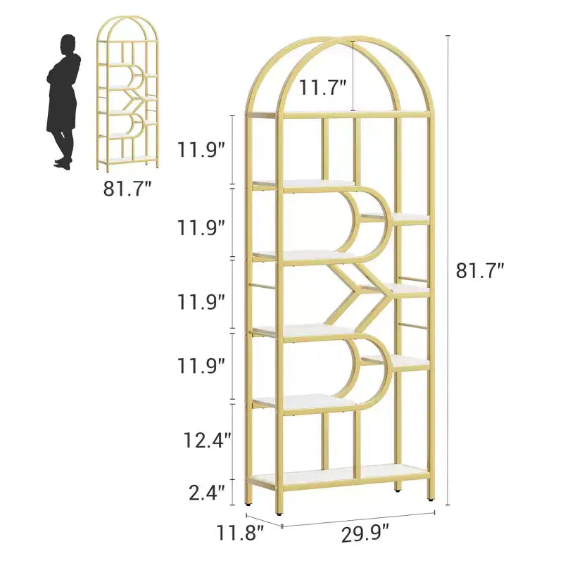 Étagère arquée à 6 niveaux, bibliothèque de 208 cm de haut avec cadre en métal, étagère de rangement ouverte pour chambre à coucher, salon, bureau à domicile