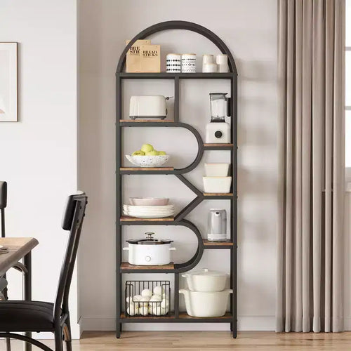 Étagère arquée à 6 niveaux, bibliothèque de 208 cm de haut avec cadre en métal, étagère de rangement ouverte pour chambre à coucher, salon, bureau à domicile