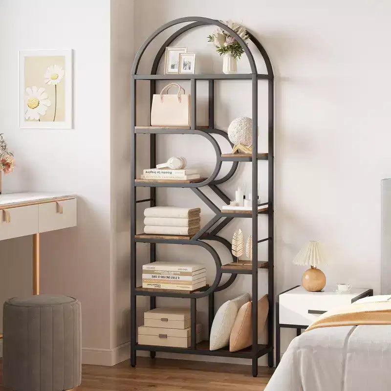 Étagère arquée à 6 niveaux, bibliothèque de 208 cm de haut avec cadre en métal, étagère de rangement ouverte pour chambre à coucher, salon, bureau à domicile