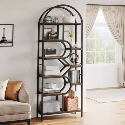 6-Tier Arched Bookshelf, 82 Tall Metal Frame Book Rack, Bookcase Display Racks with Open Storage Shelf for Bedroom, Living Room, Home Office