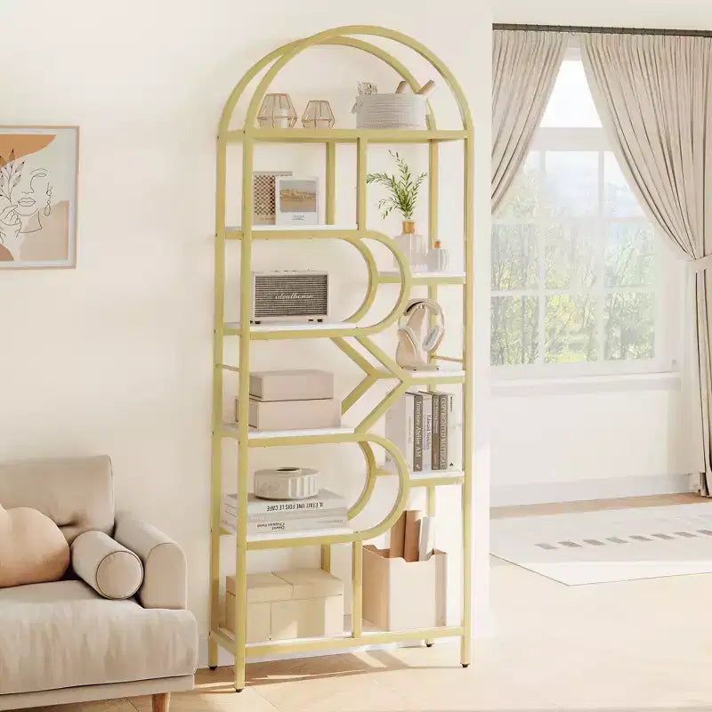 Étagère arquée à 6 niveaux, bibliothèque de 208 cm de haut avec cadre en métal, étagère de rangement ouverte pour chambre à coucher, salon, bureau à domicile