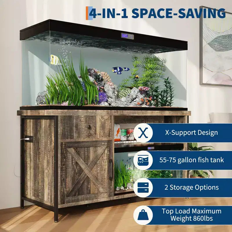 Meuble de support pour aquarium de 284 litres, support pour aquarium avec prises de courant et éclairage LED - Meuble de support pour terrarium robuste avec armoire de rangement, tiroir et étagère