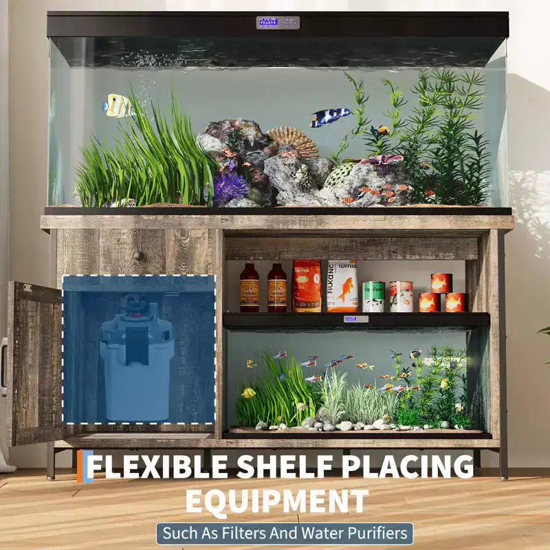 Meuble de support pour aquarium de 284 litres, support pour aquarium avec prises de courant et éclairage LED - Meuble de support pour terrarium robuste avec armoire de rangement, tiroir et étagère