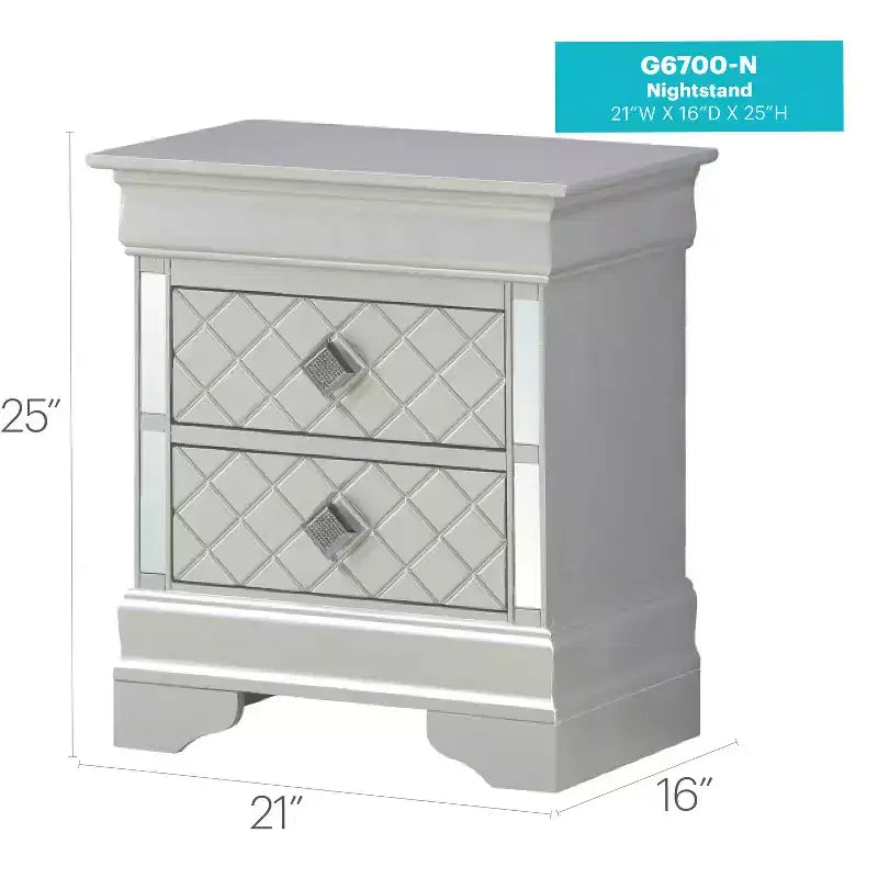 Table de chevet rectangulaire HomeStock 24 po H x 21 po l, fini argent, 2 tiroirs, en métal, pour salon et chambre à coucher