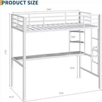 Lit mezzanine métallique Acekool une place avec bureau et étagères de rangement, garde-corps et échelle, lit peu encombrant pour enfants, adolescents, adultes, blanc/noir
