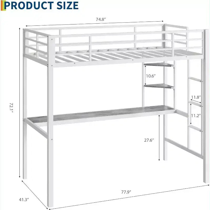 Lit mezzanine métallique Acekool une place avec bureau et étagères de rangement, garde-corps et échelle, lit peu encombrant pour enfants, adolescents, adultes, blanc/noir