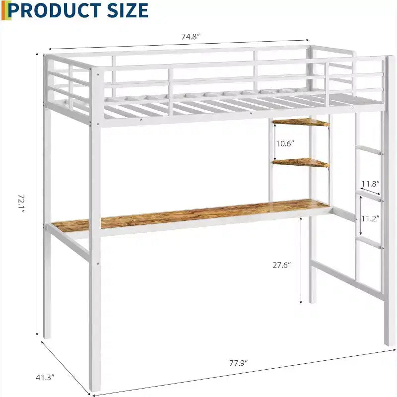 Lit mezzanine métallique Acekool une place avec bureau et étagères de rangement, garde-corps et échelle, lit peu encombrant pour enfants, adolescents, adultes, blanc/noir