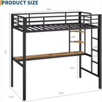 Lit mezzanine métallique Acekool une place avec bureau et étagères de rangement, garde-corps et échelle, lit peu encombrant pour enfants, adolescents, adultes, blanc/noir