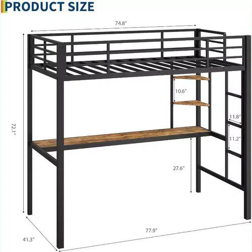 Lit mezzanine métallique Acekool une place avec bureau et étagères de rangement, garde-corps et échelle, lit peu encombrant pour enfants, adolescents, adultes, blanc/noir