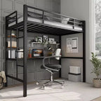 Lit mezzanine métallique Acekool une place avec bureau et étagères de rangement, garde-corps et échelle, lit peu encombrant pour enfants, adolescents, adultes, blanc/noir