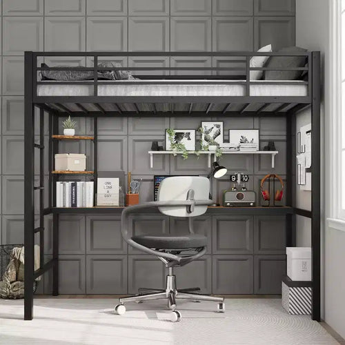 Acekool Twin Size Metal Loft Bed with Desk and Storage Shelves, Guardrail & Ladder, Space-Saving Bed for Kids Teens Adults, White/Black