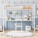 Lit mezzanine métallique Acekool une place avec bureau et étagères de rangement, garde-corps et échelle, lit peu encombrant pour enfants, adolescents, adultes, blanc/noir