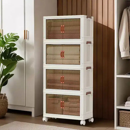 Acekool 4-Tier Stackable Plastic Storage Bins with Wheels, 72QT Foldable Organizer Boxes with Translucent Doors & Magnetic Latches