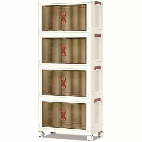 Acekool Boîtes de rangement empilables en plastique à 4 niveaux avec roulettes, 68 L Boîtes de rangement pliables avec portes translucides et loquets magnétiques