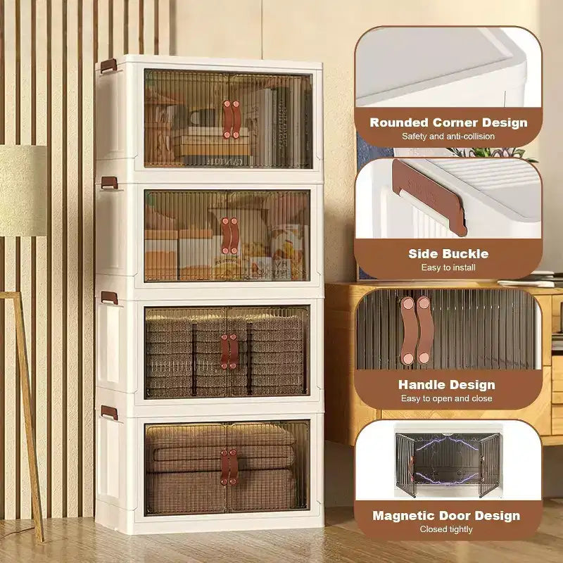 Acekool Boîtes de rangement empilables en plastique à 4 niveaux avec roulettes, 68 L Boîtes de rangement pliables avec portes translucides et loquets magnétiques