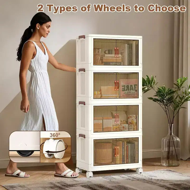 Acekool Boîtes de rangement empilables en plastique à 4 niveaux avec roulettes, 68 L Boîtes de rangement pliables avec portes translucides et loquets magnétiques