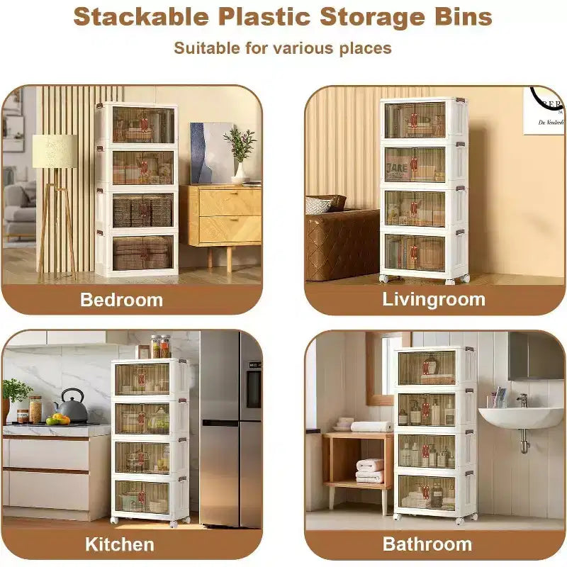 Acekool Boîtes de rangement empilables en plastique à 4 niveaux avec roulettes, 68 L Boîtes de rangement pliables avec portes translucides et loquets magnétiques