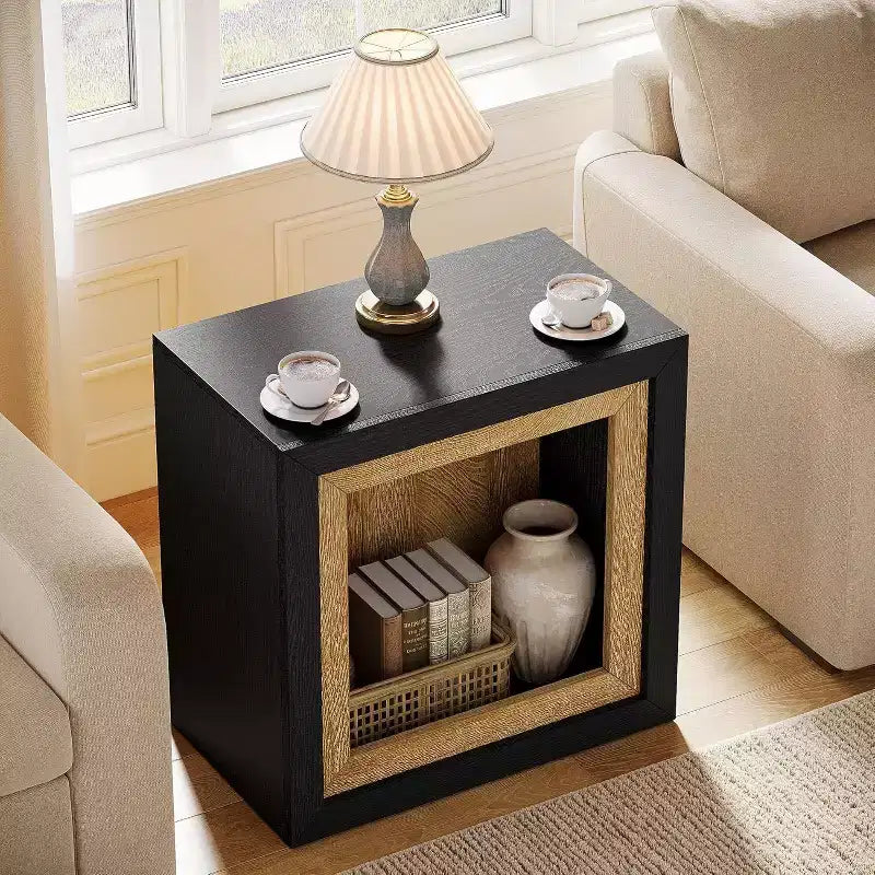 Table d'appoint Lantine Wood avec design inspiré d'un cadre, table d'appoint rustique en forme de cube pour le salon, l'entrée, noir et marron