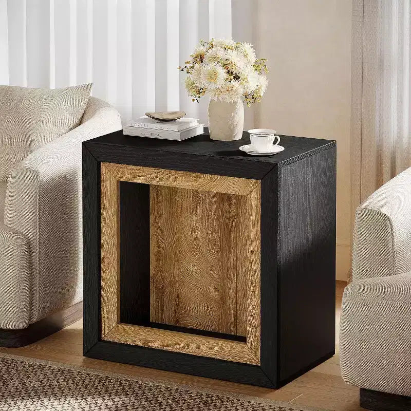 Table d'appoint Lantine Wood avec design inspiré d'un cadre, table d'appoint rustique en forme de cube pour le salon, l'entrée, noir et marron