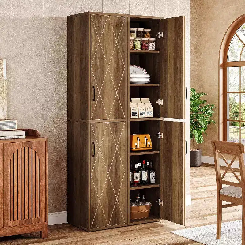 Lantine 75.39 Armoire de rangement en bois avec 6 étagères, Armoire moderne étroite avec 2 portes pour salon, cuisine, salle de bain
