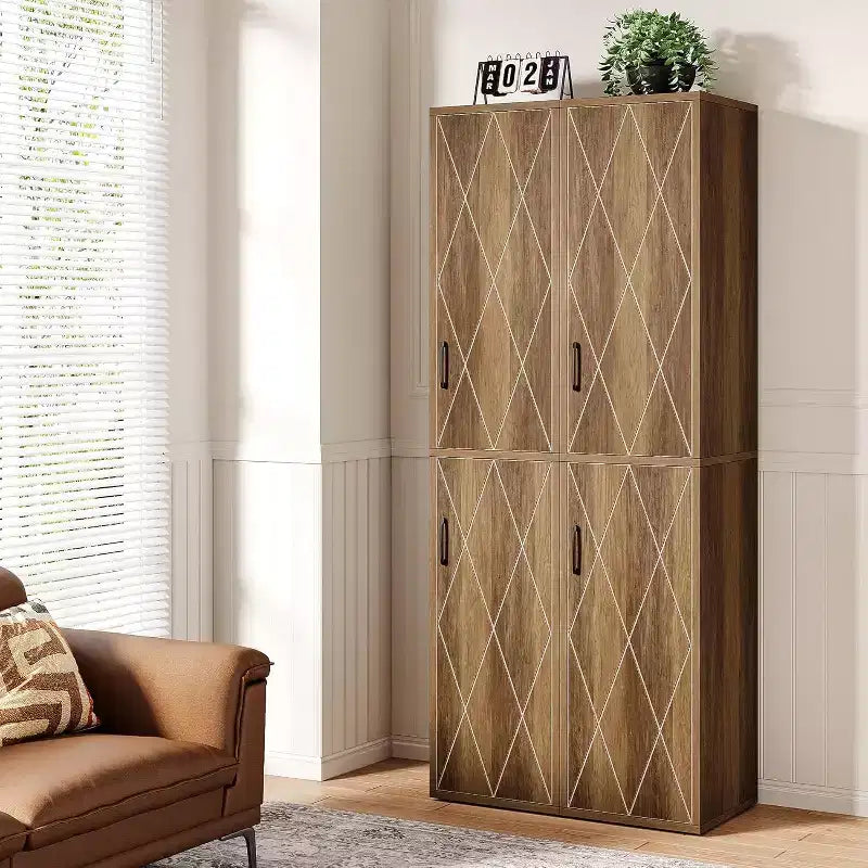 Lantine 75.39 Armoire de rangement en bois avec 6 étagères, Armoire moderne étroite avec 2 portes pour salon, cuisine, salle de bain
