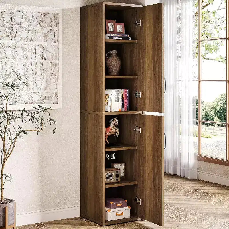 Lantine 75.39 Armoire de rangement en bois avec 6 étagères, Armoire moderne étroite avec 2 portes pour salon, cuisine, salle de bain