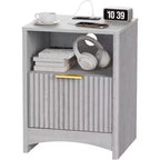 Marsail Fluted Nightstand with Charging Station, Adjustable Bedside Table with USB and AC Ports, 1 Drawer End Table, Wood Grain Finish, Bedroom, Gray