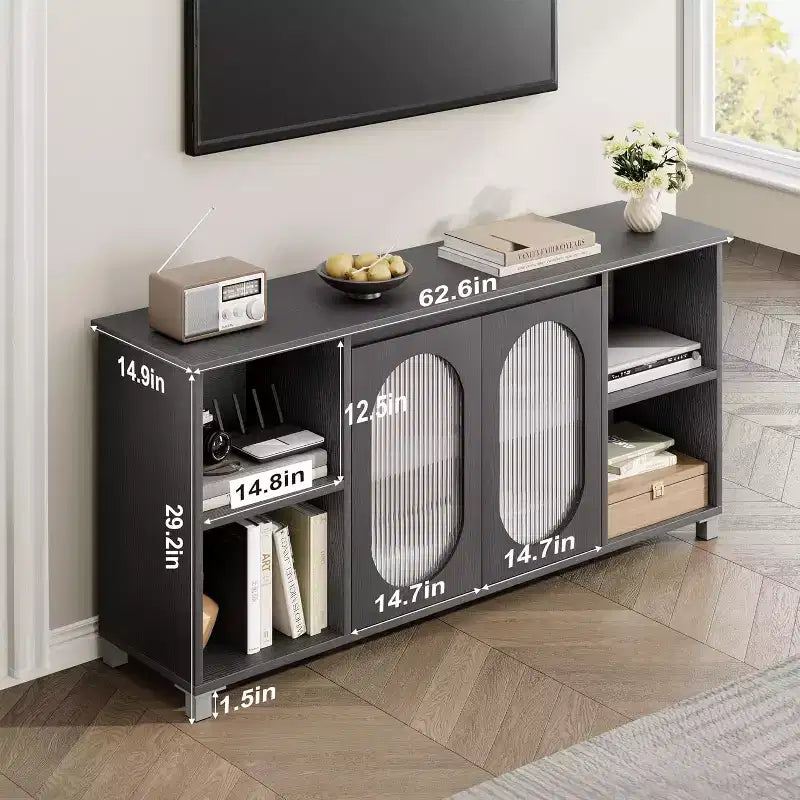 Meuble TV COZONY de 160 cm, meuble TV avec portes en rotin, étagère réglable, console multimédia, pieds en fer