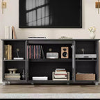 Meuble TV COZONY de 160 cm, meuble TV avec portes en rotin, étagère réglable, console multimédia, pieds en fer