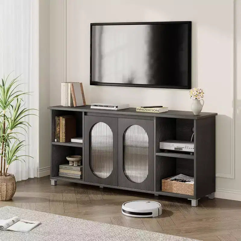 Meuble TV COZONY de 160 cm, meuble TV avec portes en rotin, étagère réglable, console multimédia, pieds en fer