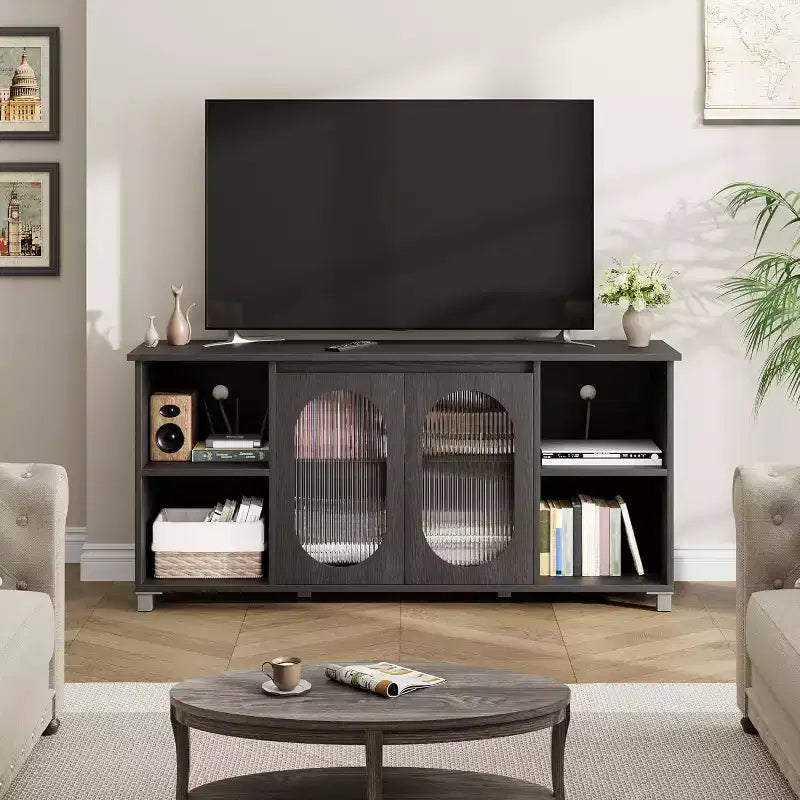 Meuble TV COZONY de 160 cm, meuble TV avec portes en rotin, étagère réglable, console multimédia, pieds en fer