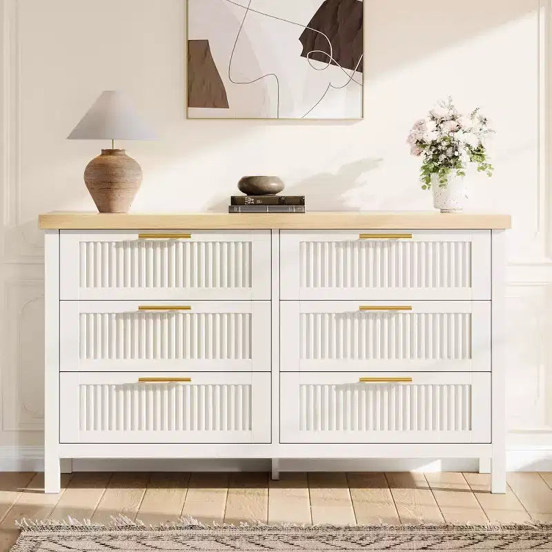 Commode cannelée pour chambre à coucher avec 6 tiroirs, commode moderne, commode en bois meuble TV, organisateur de rangement de vêtements pour salon, couloir