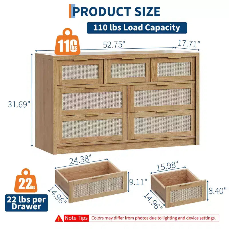 Commode en rotin 53" pour chambre à coucher, chiffonnier bohème à 7 tiroirs, grand meuble de rangement pour vêtements, meuble d'appoint en bois avec poignées métalliques