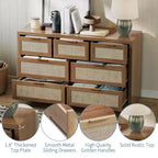 Commode en rotin 53" pour chambre à coucher, chiffonnier bohème à 7 tiroirs, grand meuble de rangement pour vêtements, meuble d'appoint en bois avec poignées métalliques