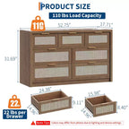 Commode en rotin 53" pour chambre à coucher, chiffonnier bohème à 7 tiroirs, grand meuble de rangement pour vêtements, meuble d'appoint en bois avec poignées métalliques