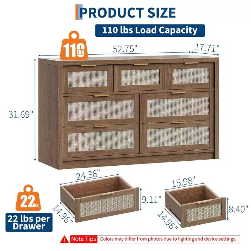 Commode en rotin 53" pour chambre à coucher, chiffonnier bohème à 7 tiroirs, grand meuble de rangement pour vêtements, meuble d'appoint en bois avec poignées métalliques