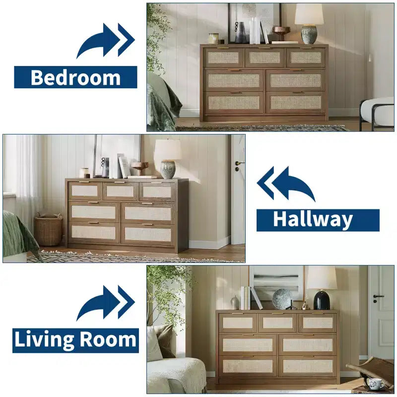 Commode en rotin 53" pour chambre à coucher, chiffonnier bohème à 7 tiroirs, grand meuble de rangement pour vêtements, meuble d'appoint en bois avec poignées métalliques