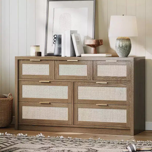 53 Rattan Dresser for Bedroom,7 Drawer Boho Chest of Drawers,Large Storage Cabinet for Clothes,Wood Accent Furniture with Metal Handles