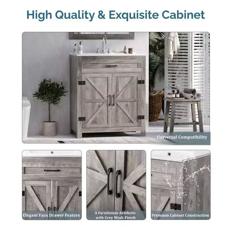 Meuble lavabo Karl Home 76 cm avec porte de grange en noyer et étagère en U, sans évier ni plan de travail