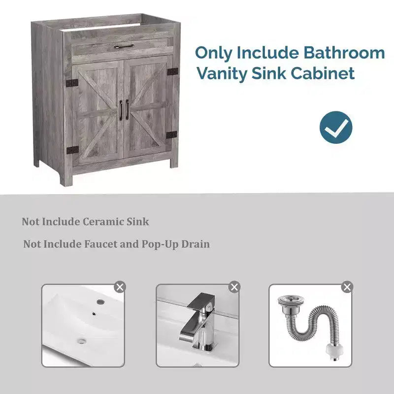 Meuble lavabo Karl Home 76 cm avec porte de grange en noyer et étagère en U, sans évier ni plan de travail