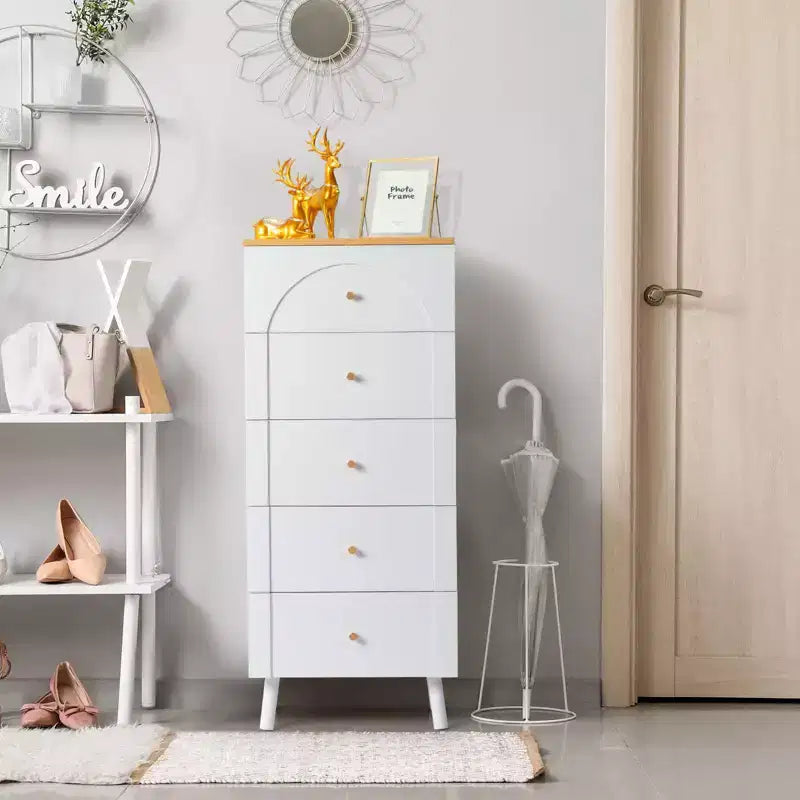 Commode Karl Home avec 5 tiroirs en MDF blanc, 50 cm de large