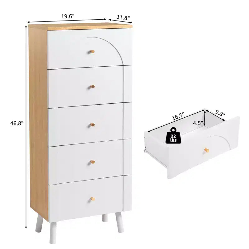 Commode Karl Home avec 5 tiroirs en MDF blanc, 50 cm de large