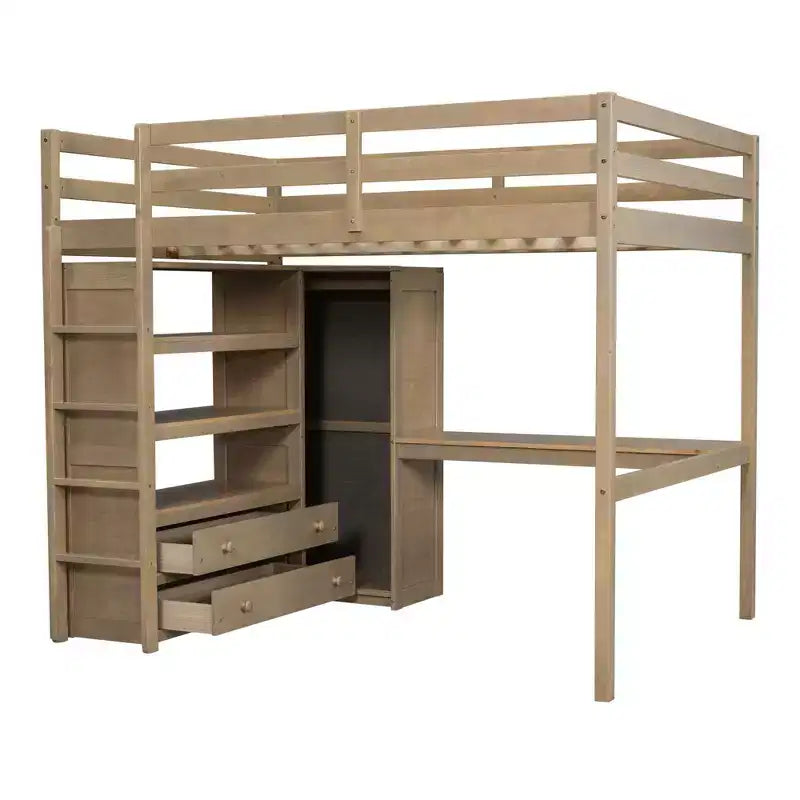 Lit mezzanine pleine grandeur avec armoire et bureau, lit mezzanine haut en bois avec tiroirs de rangement et étagères pour adultes, enfants et adolescents