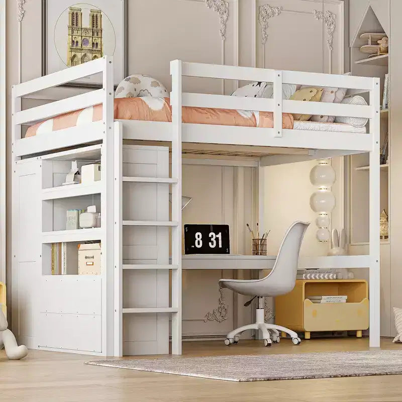 Lit mezzanine pleine grandeur avec armoire et bureau, lit mezzanine haut en bois avec tiroirs de rangement et étagères pour adultes, enfants et adolescents
