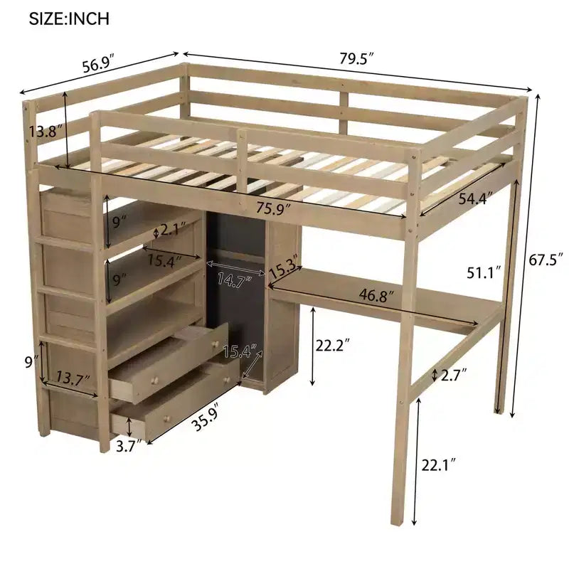Lit mezzanine pleine grandeur avec armoire et bureau, lit mezzanine haut en bois avec tiroirs de rangement et étagères pour adultes, enfants et adolescents