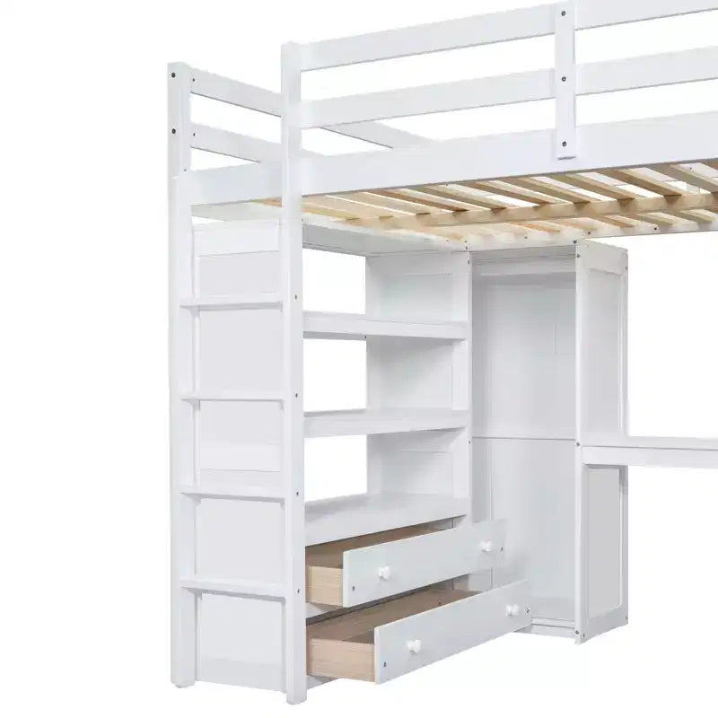 Lit mezzanine pleine grandeur avec armoire et bureau, lit mezzanine haut en bois avec tiroirs de rangement et étagères pour adultes, enfants et adolescents
