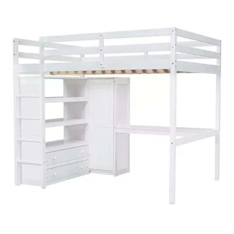 Lit mezzanine pleine grandeur avec armoire et bureau, lit mezzanine haut en bois avec tiroirs de rangement et étagères pour adultes, enfants et adolescents
