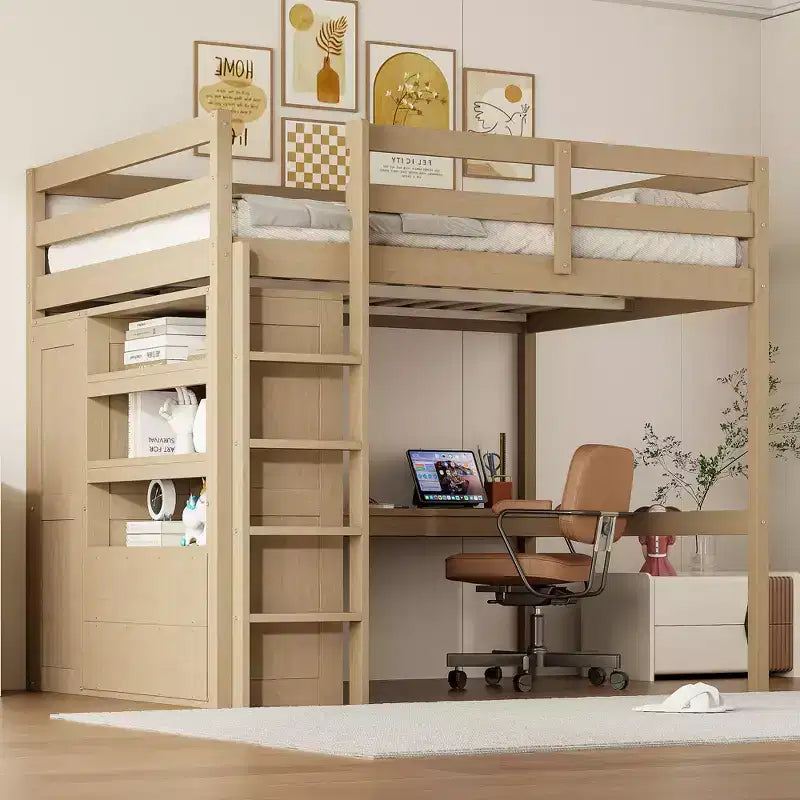 Lit mezzanine pleine grandeur avec armoire et bureau, lit mezzanine haut en bois avec tiroirs de rangement et étagères pour adultes, enfants et adolescents